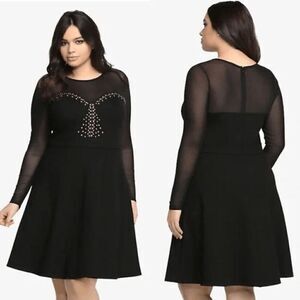 Torrid Black Long Sleeve Mesh Studded Rhinestone Skater Dress 3X 22-24